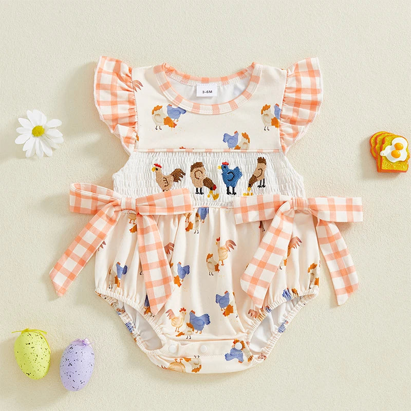 Newborn Baby Girl Romper Farm Chicken Outfit Ruffle Smocked Plaid Bodysuit Western Country Summer Clothes