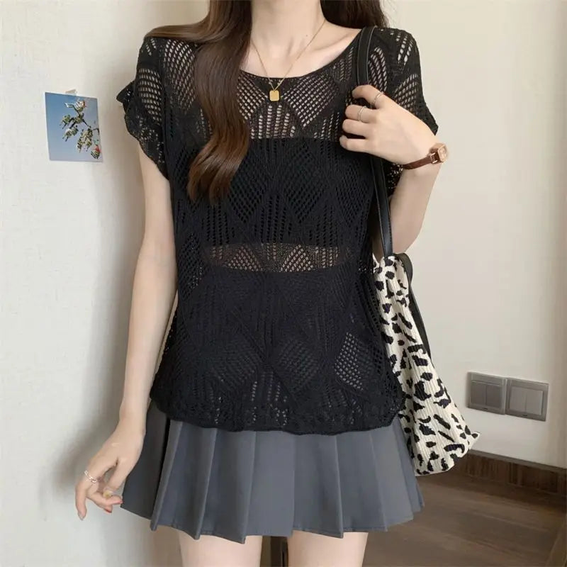 2025 Summer New Hollow Ice Silk Sweater for Women Short-sleeved Shirt with Backless Vests and Thin Tops
