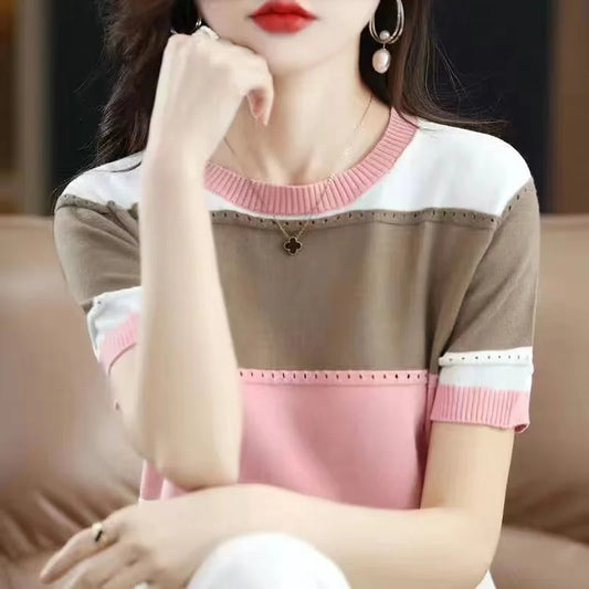 2024 Summer New Ice Silk T-shirt Short-sleeved Stripes knitted Pullover Womens Color Matching Hollow Thin Knitted Sweater Ladies