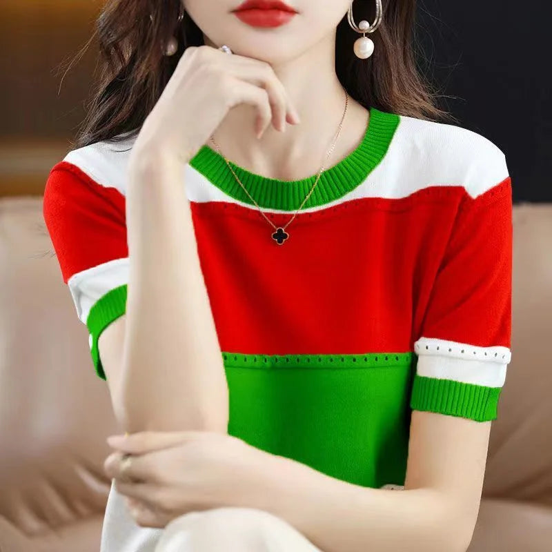 2024 Summer New Ice Silk T-shirt Short-sleeved Stripes knitted Pullover Womens Color Matching Hollow Thin Knitted Sweater Ladies