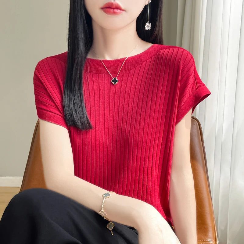 2025 Fashion Slash Neck Women Sweater Ice Silk Spring Summer Knitted Sweater Loose Casual Korean Shirts Short Sleeve Knitwears
