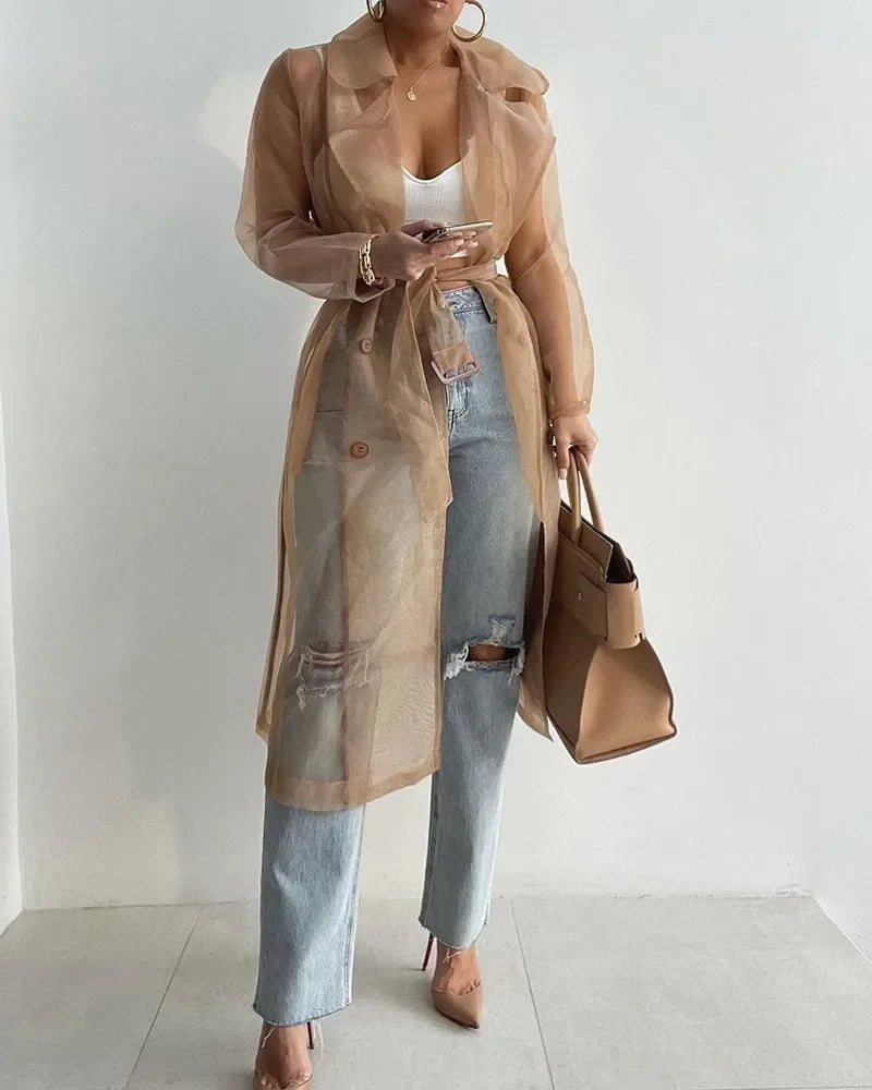 Joskaa Solid Organza See Through Lapel Full Sleeve Trench 2023 Summer Women Fashion Buttoned Coat with Belt Elegant Shirts