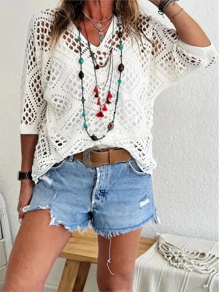 New Sexy V Neck Hollow Out Knitted Sweater Spring Solid Half Sleeve Cape Top Pullover Autumn Fashion Cover Up Women Beach Top