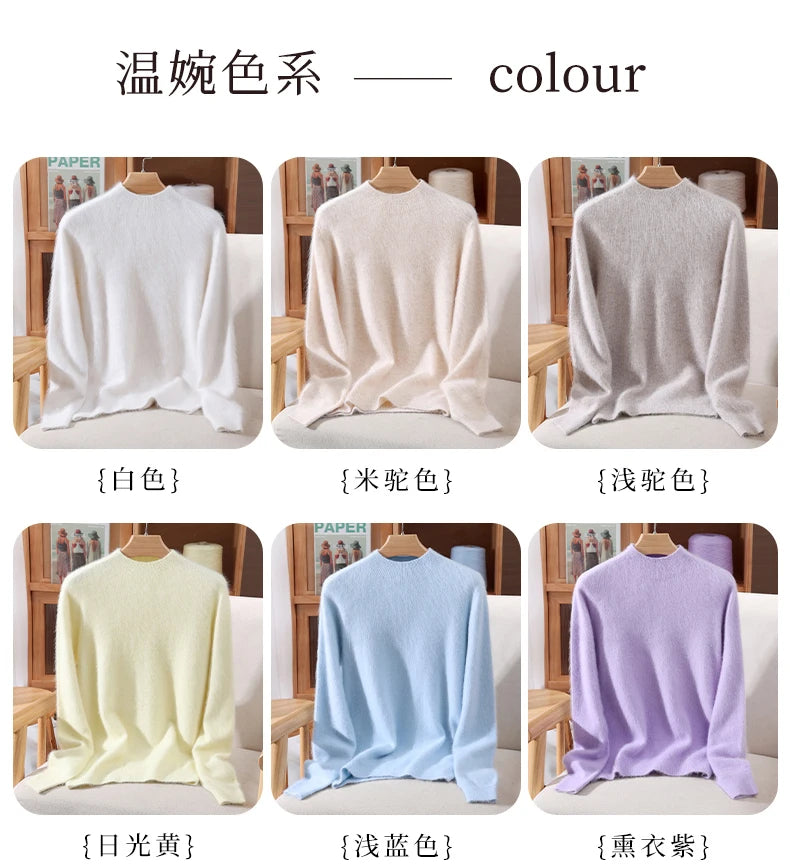Women's Sweater Semi High Neck Autumn/Winter Pullover Long Sleeved High-End 100% Mink Fur Knitted Sweater Fashion Korean Version