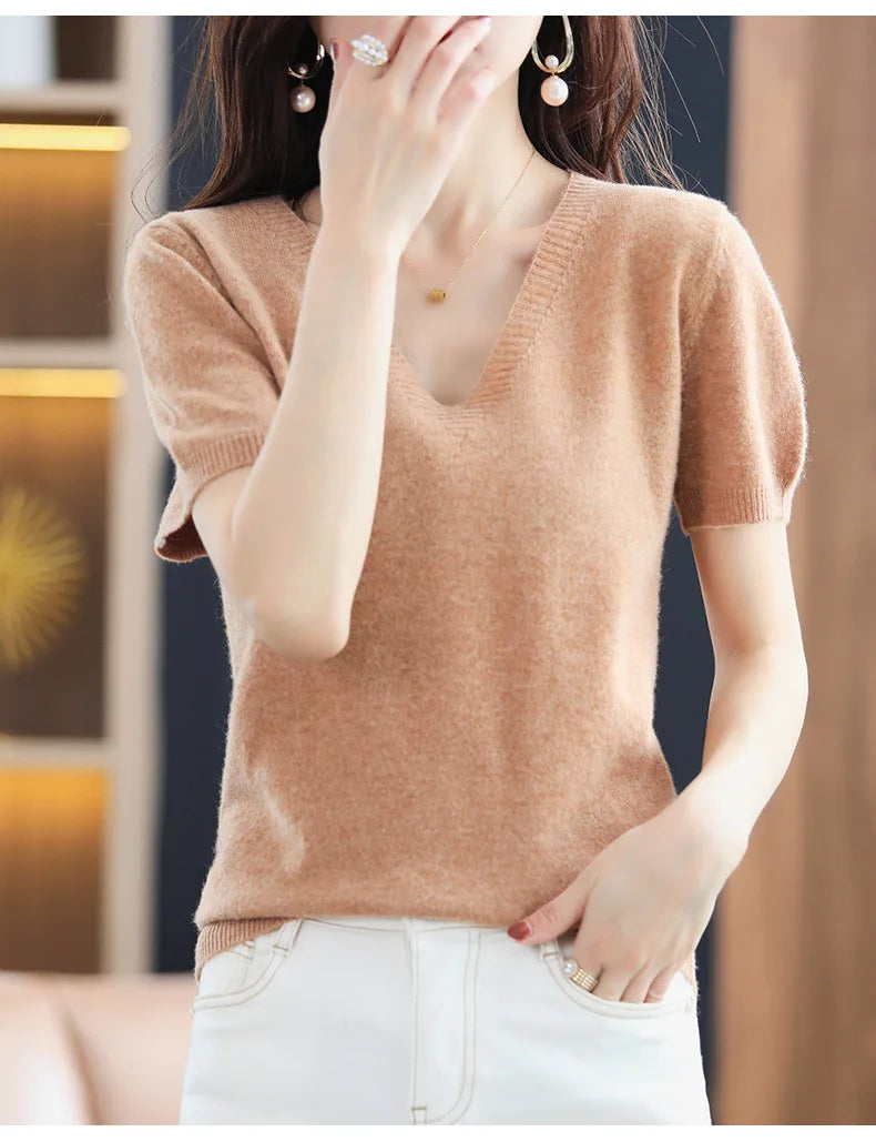 Spring Summer Women Sweater Knit Tshirts V-neck Short Sleeve Knitwears Korean Fashion Pullovers Solid Bottoming Shirt Jumper