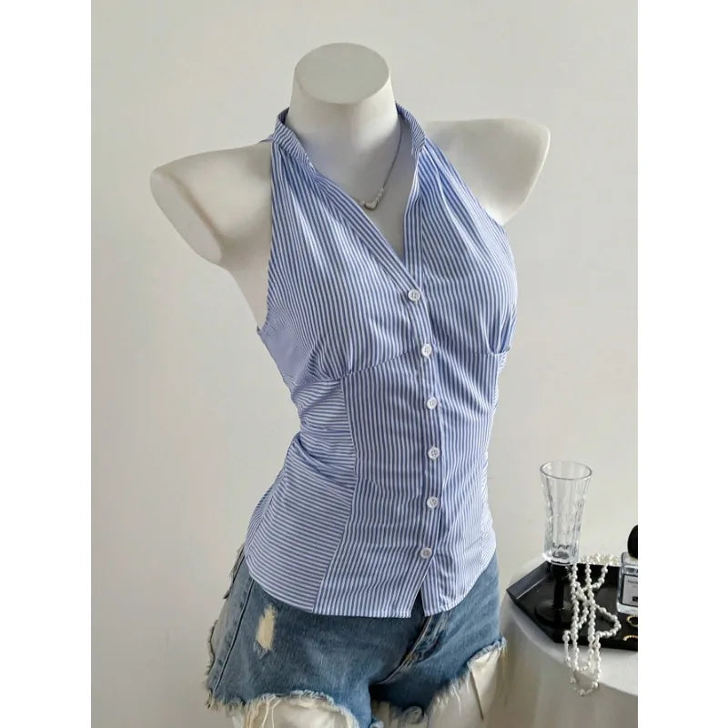 2025 Sexy Fashion Causal Stripe V Neck Sleeveless Holiday Design Plaid Skinny Halter Women Tank Chic Holiday Streetwear Tanks