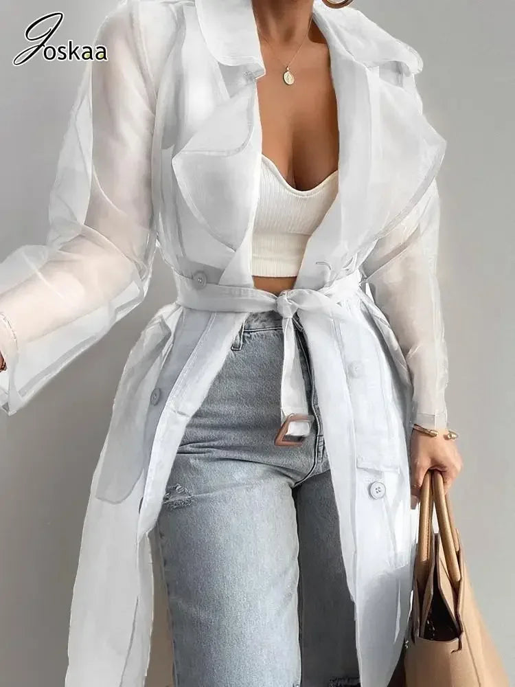 Joskaa Solid Organza See Through Lapel Full Sleeve Trench 2023 Summer Women Fashion Buttoned Coat with Belt Elegant Shirts