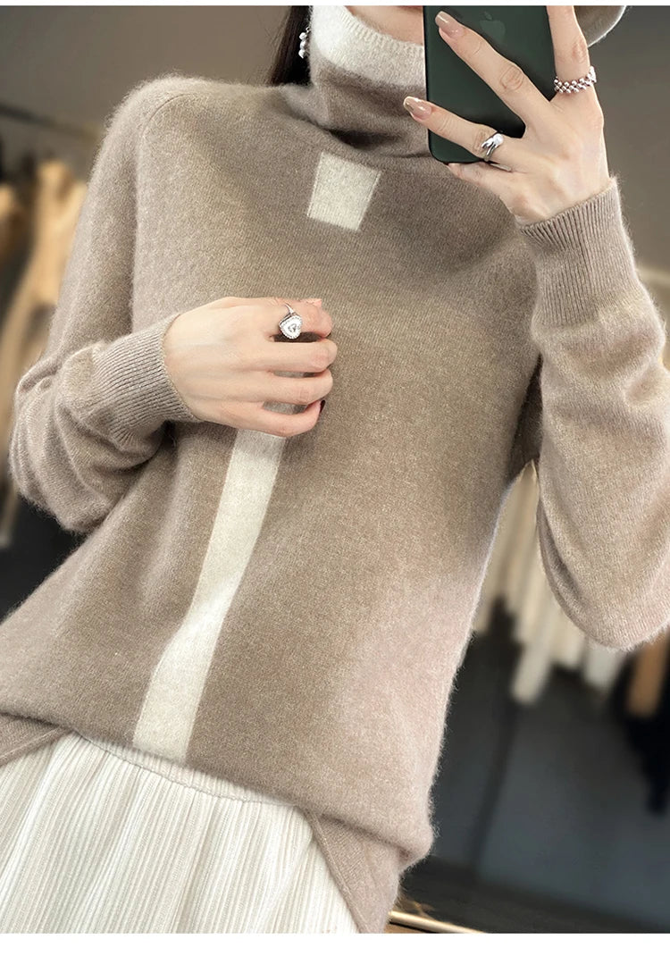 RONGYI 100% Mink Cashmere Women's Turtleneck Pullover Knitted Color Matching Fashion Casual Coat Autumn And Winter Hot Top