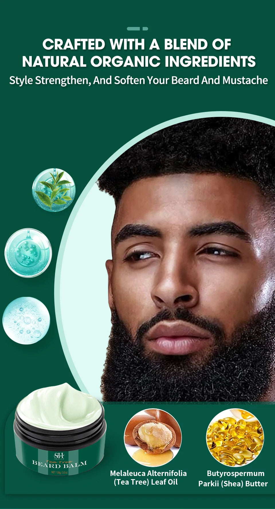Beard Cream For Men 100% Natural Tea Tree Beard Moisturizing Effect Beard Conditioner Beard Care Styling Cream Oil Sevich 100g