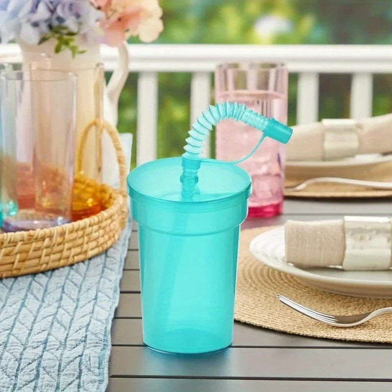Colorful Expandable Plastic Straw Cup with Leak Proof Lid Siphon Mug for Summer Outdoor Travel Home Juice Milk Water DrinkingUse