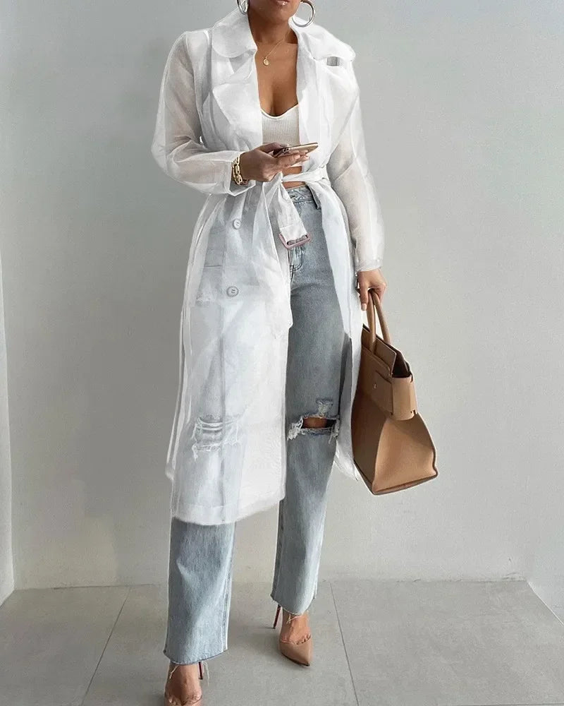 Joskaa Solid Organza See Through Lapel Full Sleeve Trench 2023 Summer Women Fashion Buttoned Coat with Belt Elegant Shirts