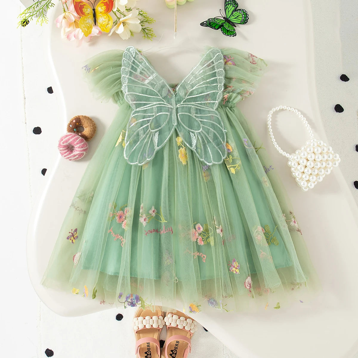 Summer New Sweet Butterfly Wing Baby Girl Princess Dress, Floral Chiffon Wedding Party Children'S Sleeveless Clothes (0-4 Years）