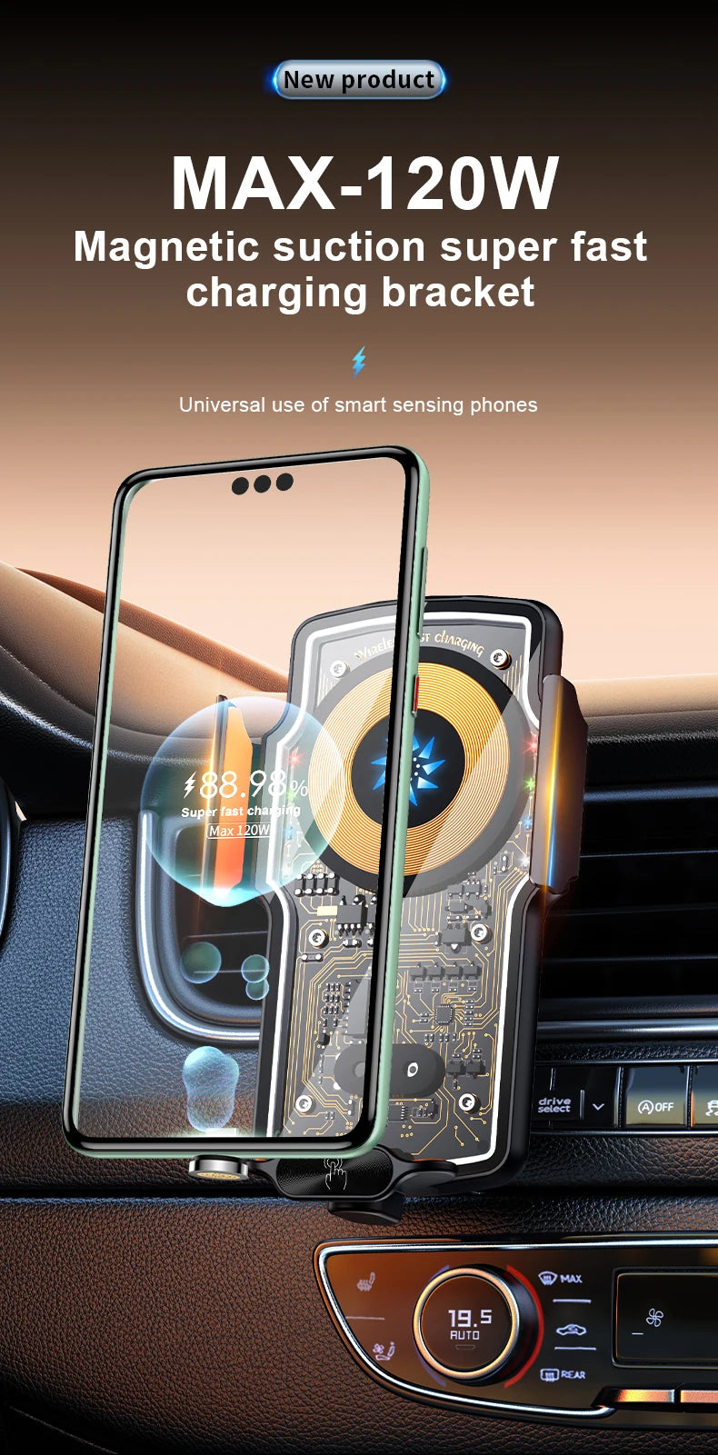 120W Magnetic Charger Car Phone Holder 15W Fast Wireless Charging Autocar Phone Stand Touch Control Lights for iPhone Xiaomi