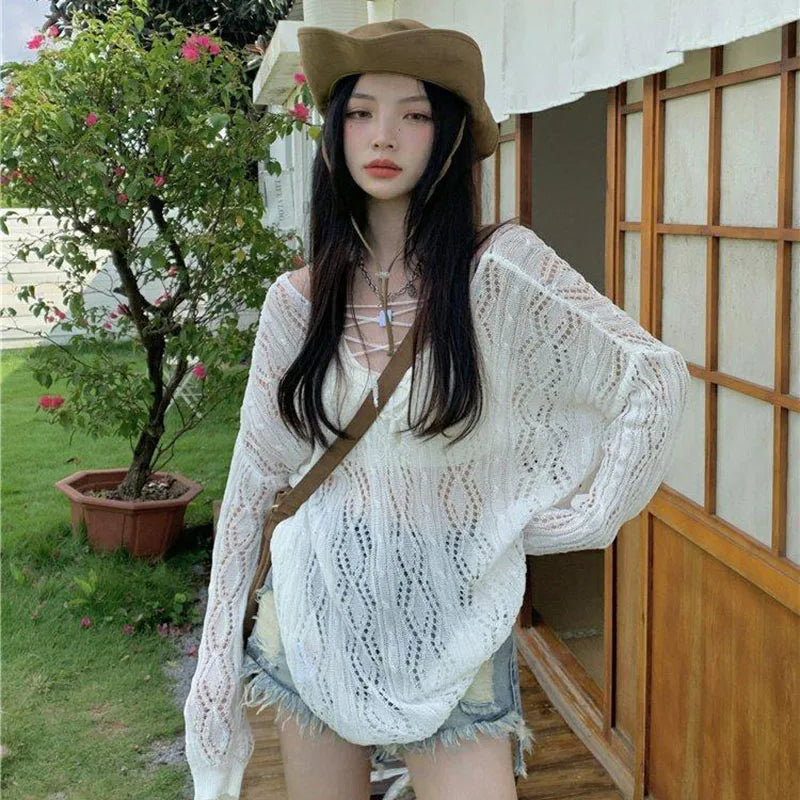 Fashion Two-Sided Wear Knitted Pullover Women Summer Thin Hollow Out Sunscreen Knitwear Woman Streetwear Loose See Through Tops