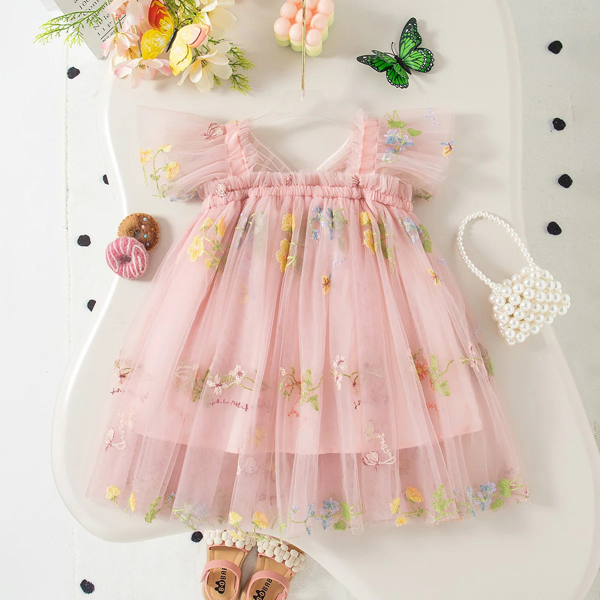 Summer New Sweet Butterfly Wing Baby Girl Princess Dress, Floral Chiffon Wedding Party Children'S Sleeveless Clothes (0-4 Years）
