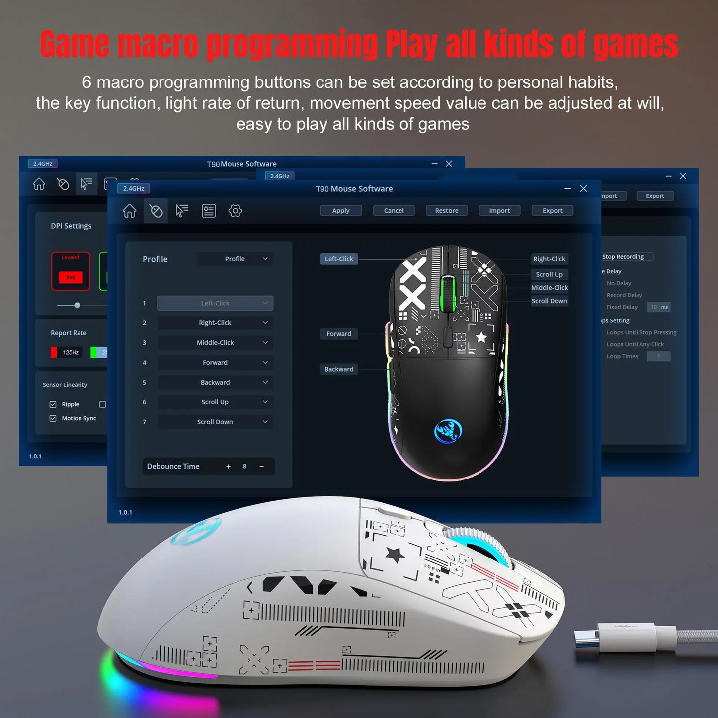 HXSJ T90  Thir-Mode wireless mouse (Wired+2.4G+BT) RGB Backlight 650mAh Gaming Mouse