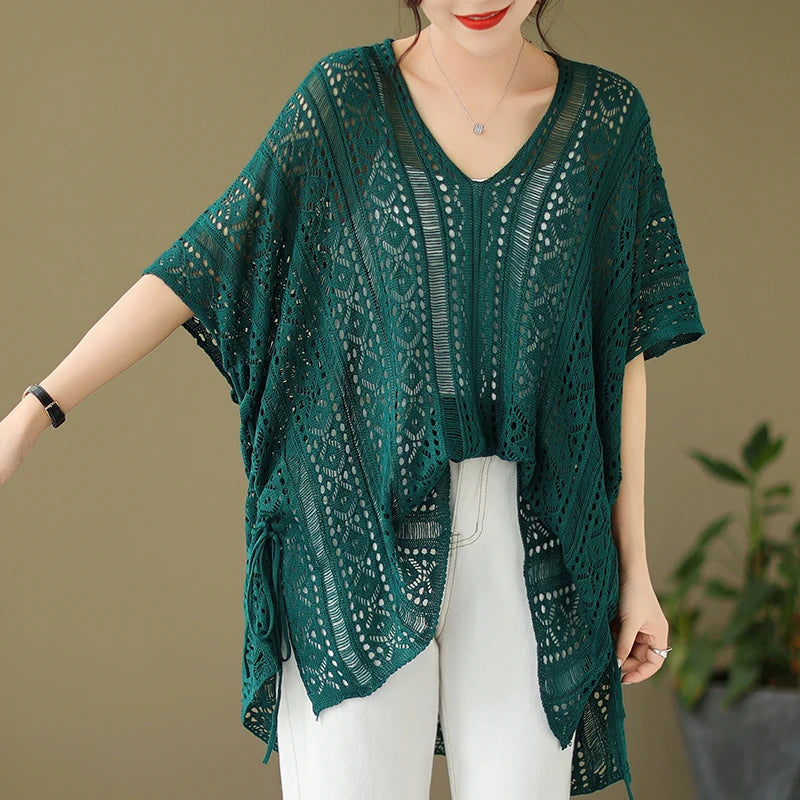 Sheer Crochet Cover Up Tucnic Tops for Women Drawstring Side Openwork Knit Pullover Summer Coverups Boho Beach Vacation Outfit