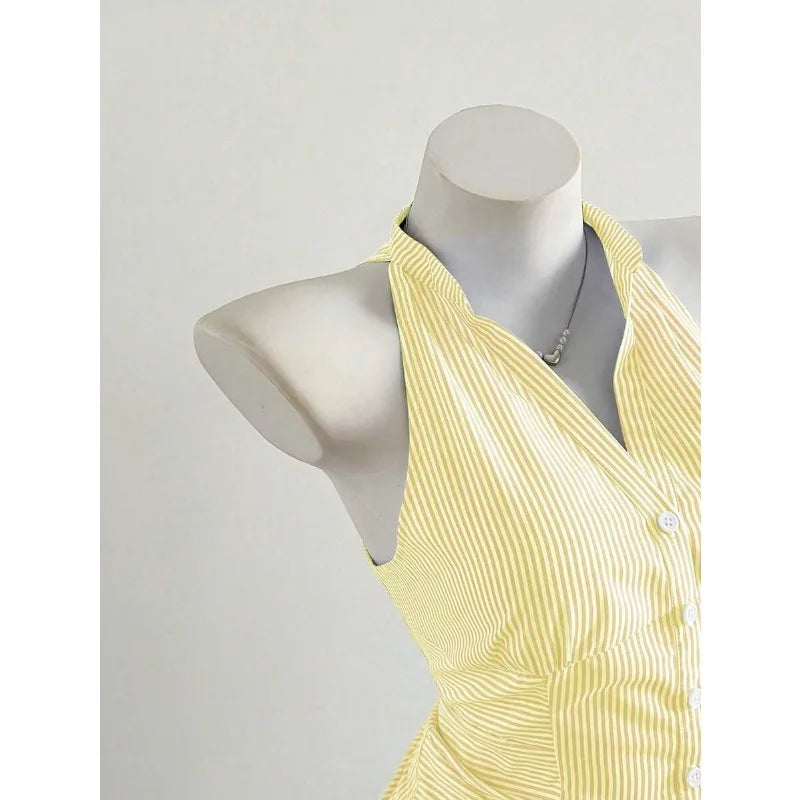 2025 Sexy Fashion Causal Stripe V Neck Sleeveless Holiday Design Plaid Skinny Halter Women Tank Chic Holiday Streetwear Tanks