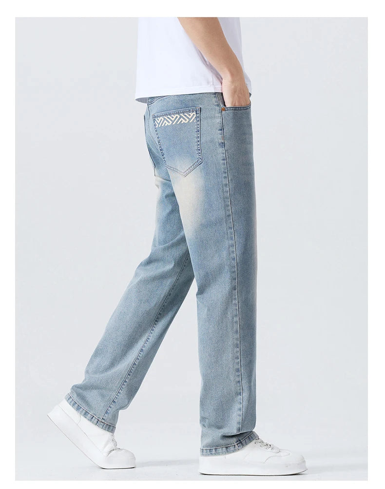 Summer Thin Men's Printed Jeans Breathable Fashion Business Loose Pants Washing Vintage Casual Denim Trousers Male