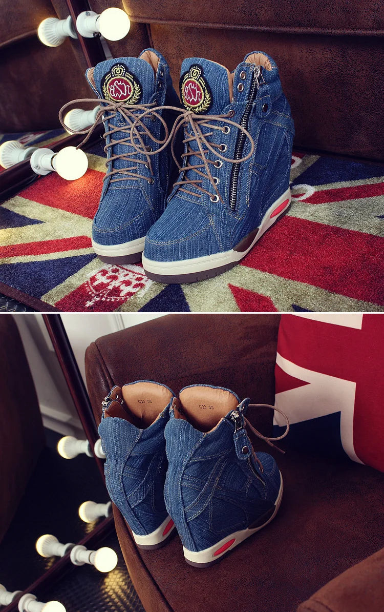 Women's Denim Wedges high top sneakers Platform Casual Fashion Woman Zipper Vulcanized Shoes Thick Bottom Big Size 41