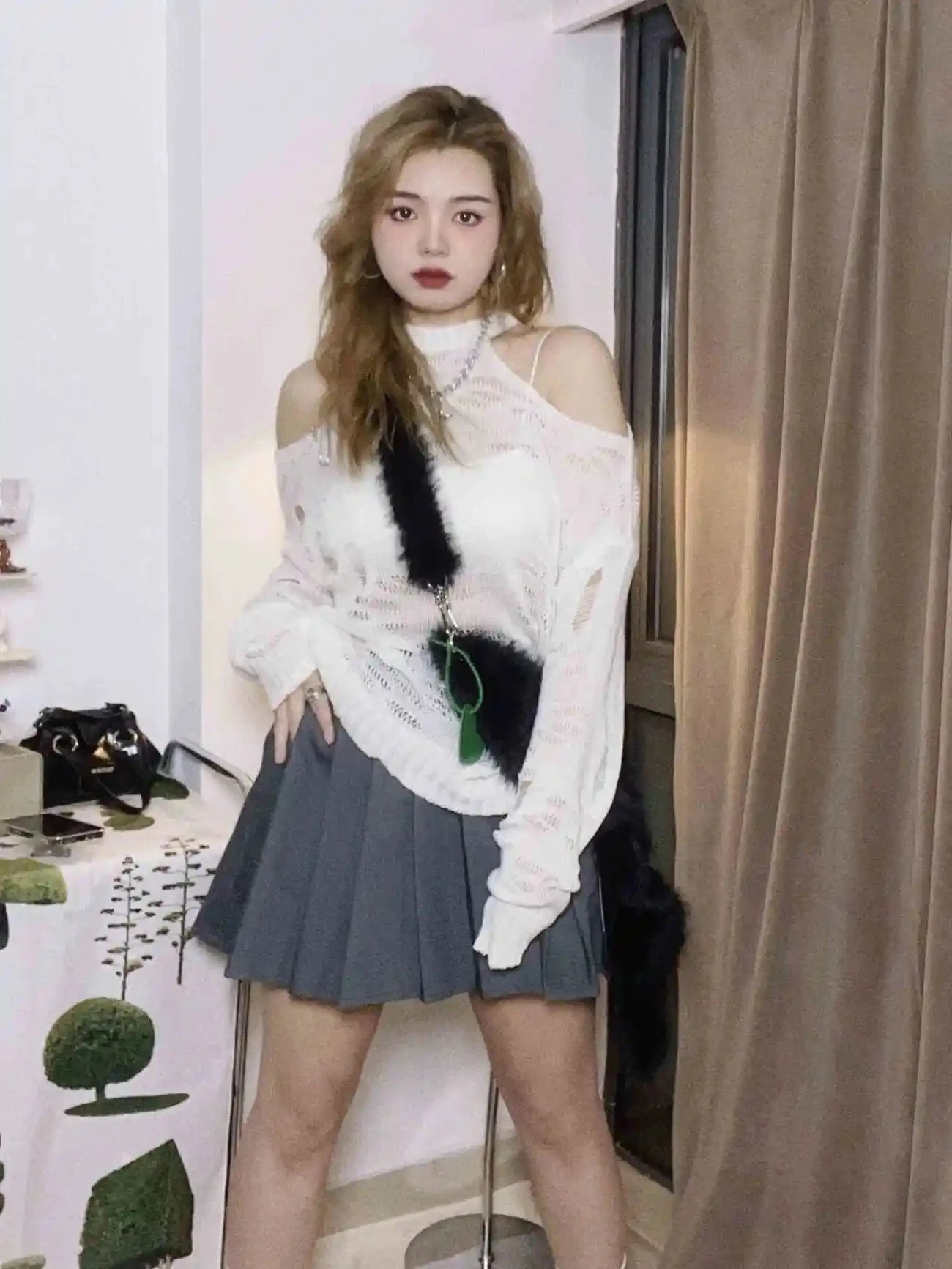 Exposed Shoulder Knitted Top Loose Women Y2k Aesthetic Hollow Out Thin Pullover Jacket Spring Summer Fashion Casual Sexy Sweater