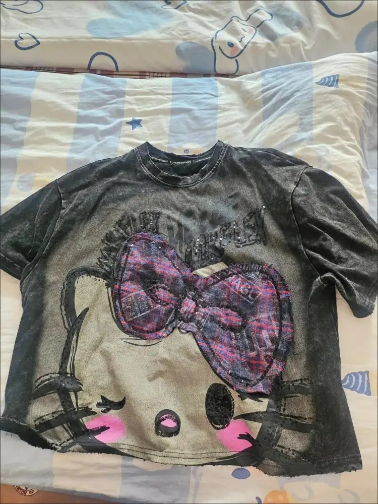Y2K Hello Kitty Summer Girls T-Shirt Short Sleeve Anime Sanrios Cartoon Cute Sweet Cotton Women Kawaii Casual Loose Trend Tops