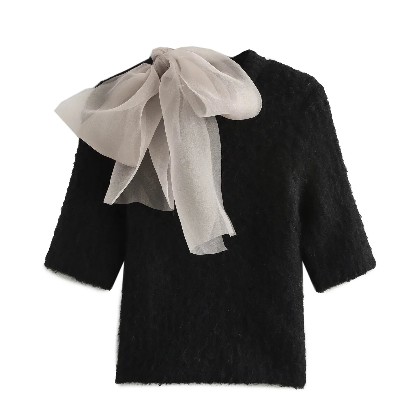 DEEABAE Women's Clothing Sales Trend 2024 Sweet Transparent Bow Decoration Short Sleeve Pullovers Knitwear Women's Sweater