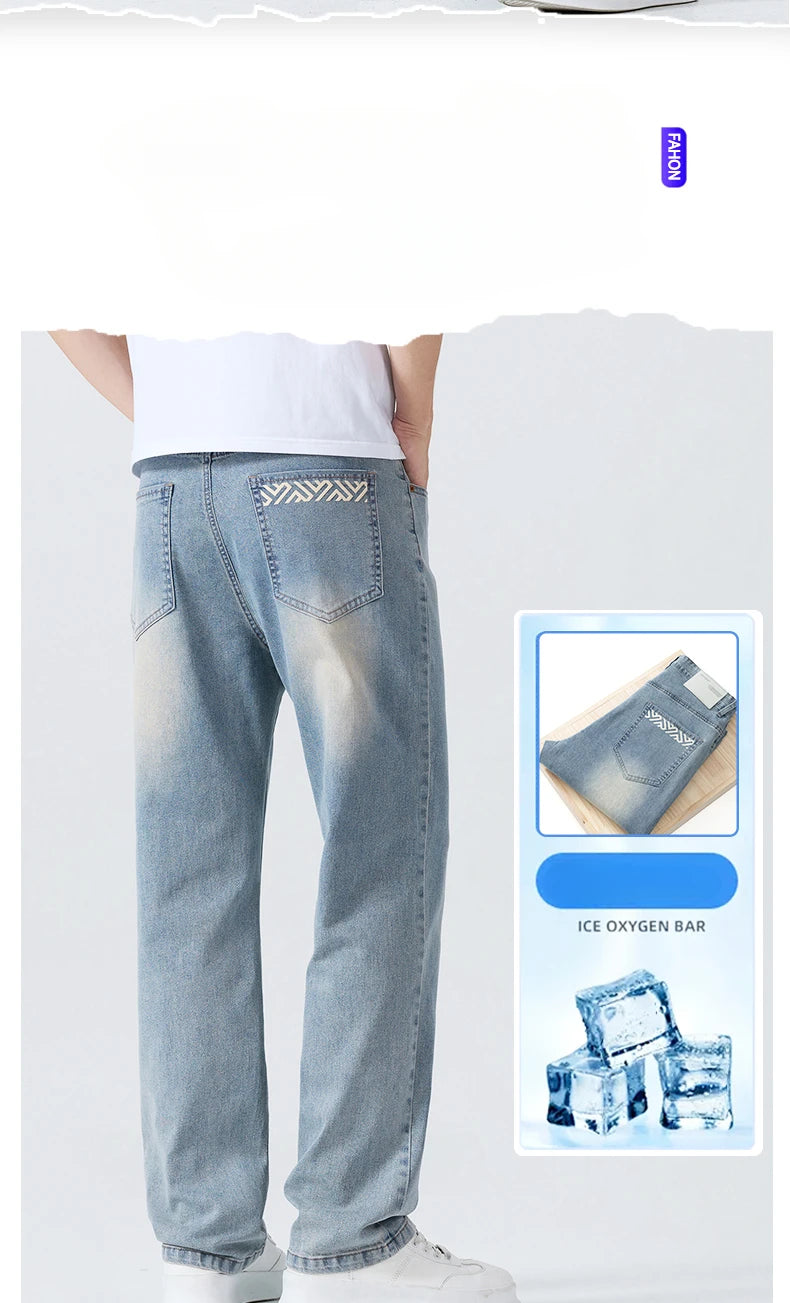 Summer Thin Men's Printed Jeans Breathable Fashion Business Loose Pants Washing Vintage Casual Denim Trousers Male