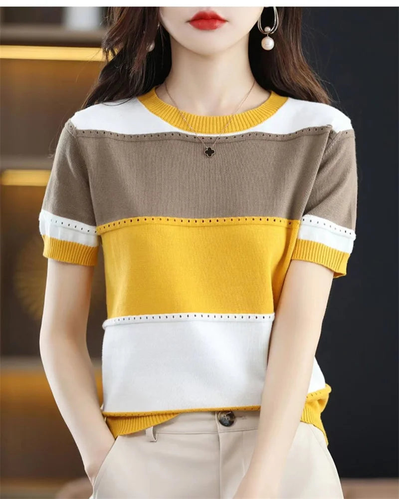 2024 Summer New Ice Silk T-shirt Short-sleeved Stripes knitted Pullover Womens Color Matching Hollow Thin Knitted Sweater Ladies