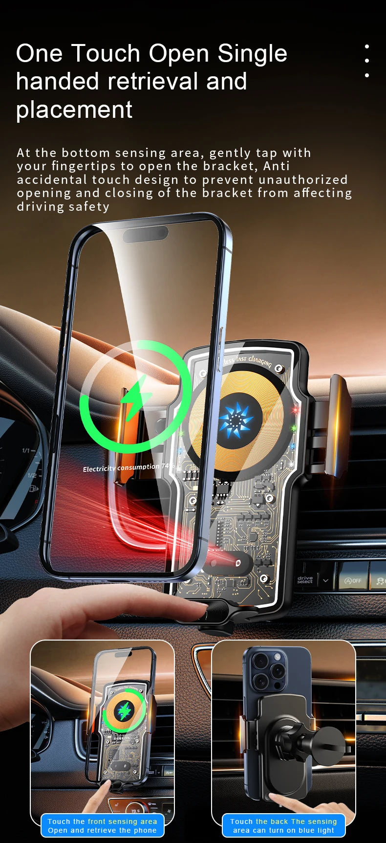 120W Magnetic Charger Car Phone Holder 15W Fast Wireless Charging Autocar Phone Stand Touch Control Lights for iPhone Xiaomi