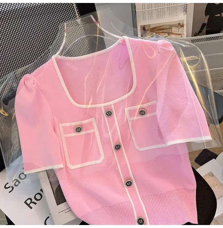 Summer Sweater Women's Knit T-shirt Casual Short Sleeve Woman Clothes Versatile Square Collar Lady Pullover Knitwear Tops Jumper