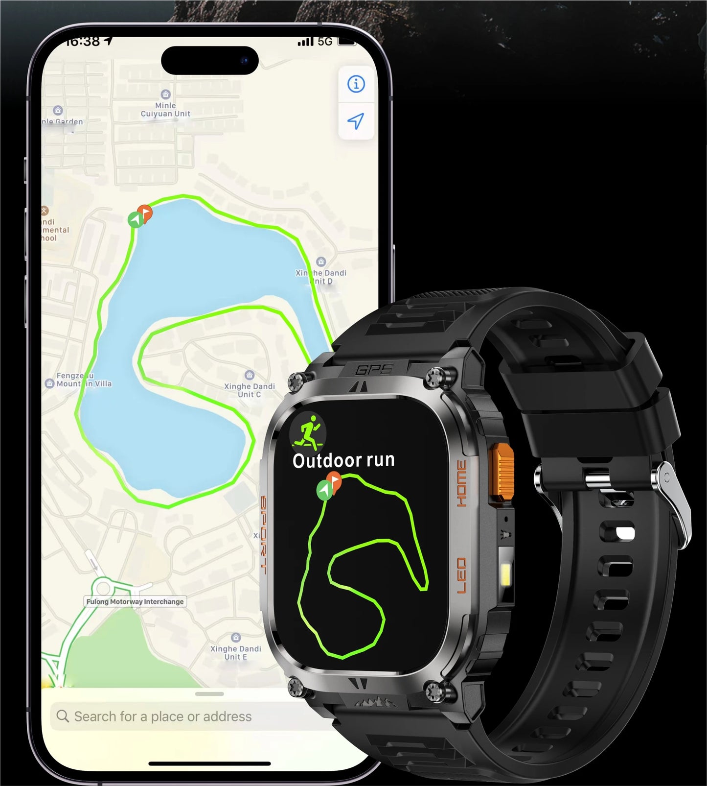 LIGE New GPS Tracking Smart Watch  LED Flashlight 1.96inch HD Screen Compass BT Call Waterproof Sport Smartwatch For Android iOS