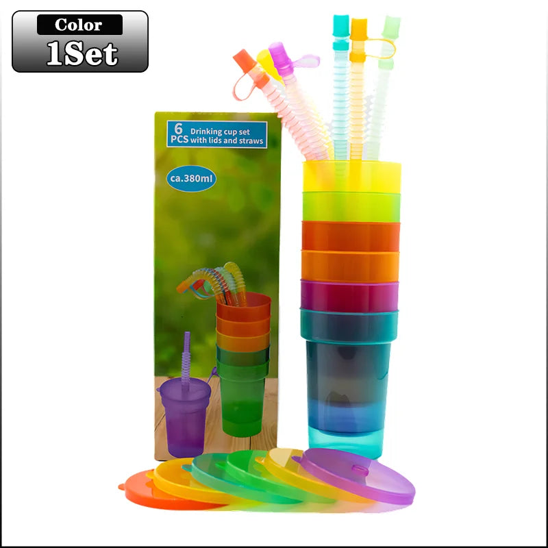 Colorful Expandable Plastic Straw Cup with Leak Proof Lid Siphon Mug for Summer Outdoor Travel Home Juice Milk Water DrinkingUse