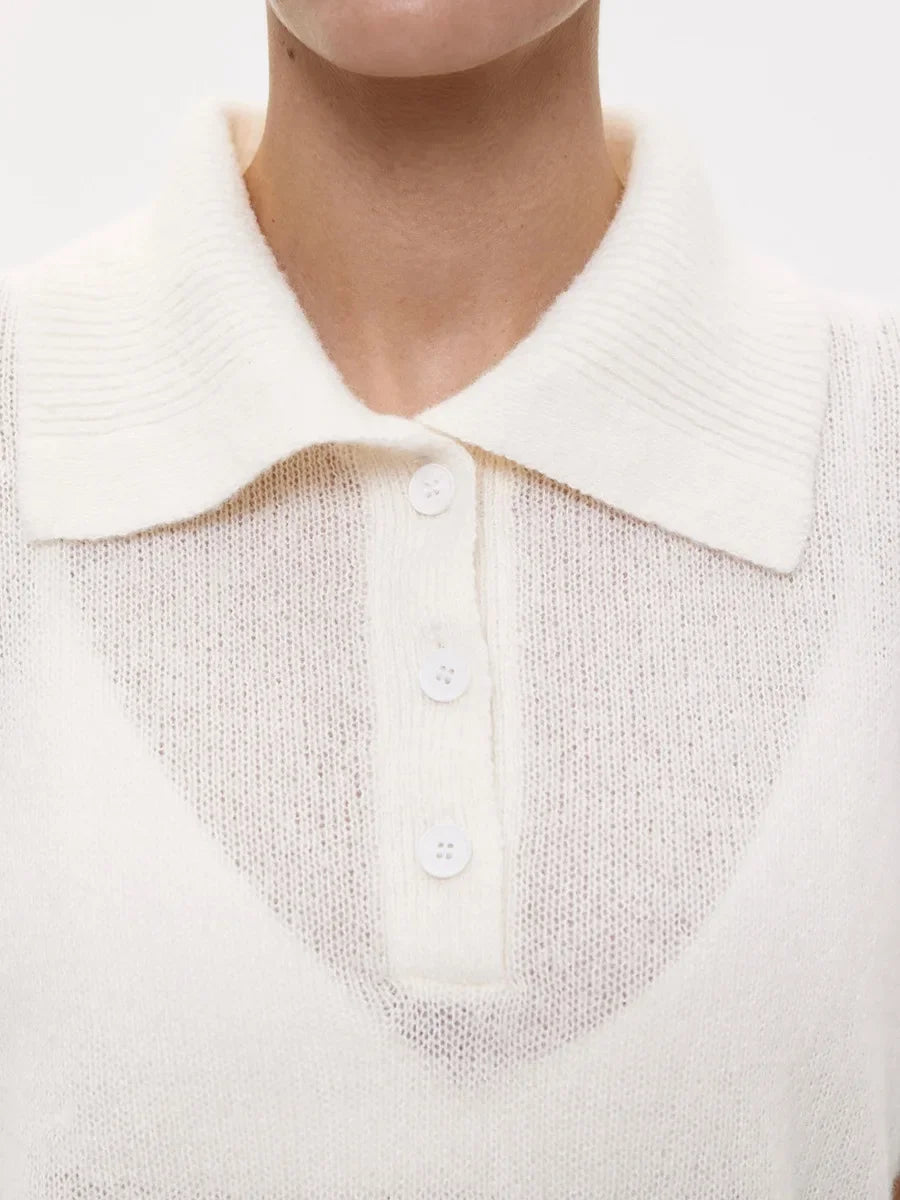 Wolfeel Summer New Polo Collar Hollow Knitted Short Sleeved Sweater Women's Bubble Sleeve T-shirt Female Simple Knitted Sweater