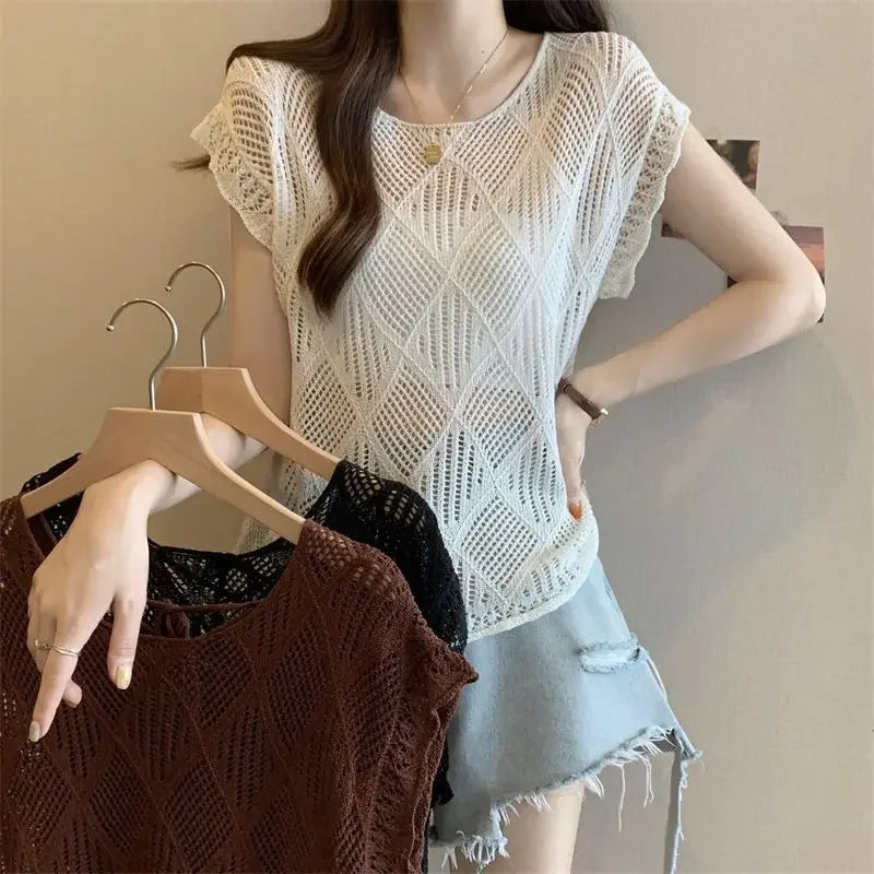 2025 Summer New Hollow Ice Silk Sweater for Women Short-sleeved Shirt with Backless Vests and Thin Tops