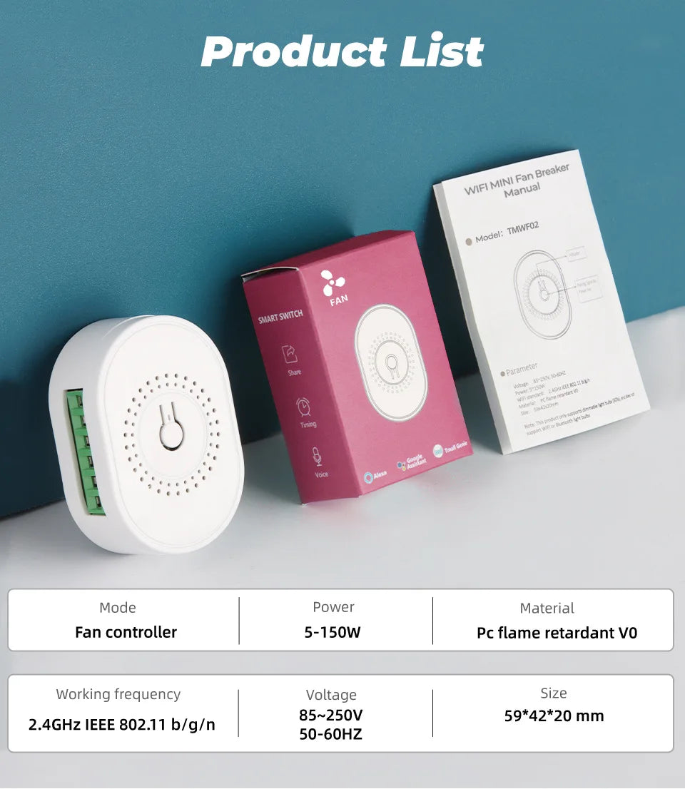 Tuya Wifi Smart Ceiling Fan Speed Switch EU 220V Mini Wall On Off Module Remote Electric Control For Alexa Google Home