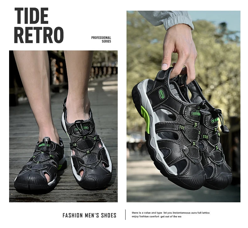 Summer Men's Sandals Classic Genuine Leather Sandals Fashion Outdoor Hiking Shoes Light  Breathable Non-slip Sneakers 38-48