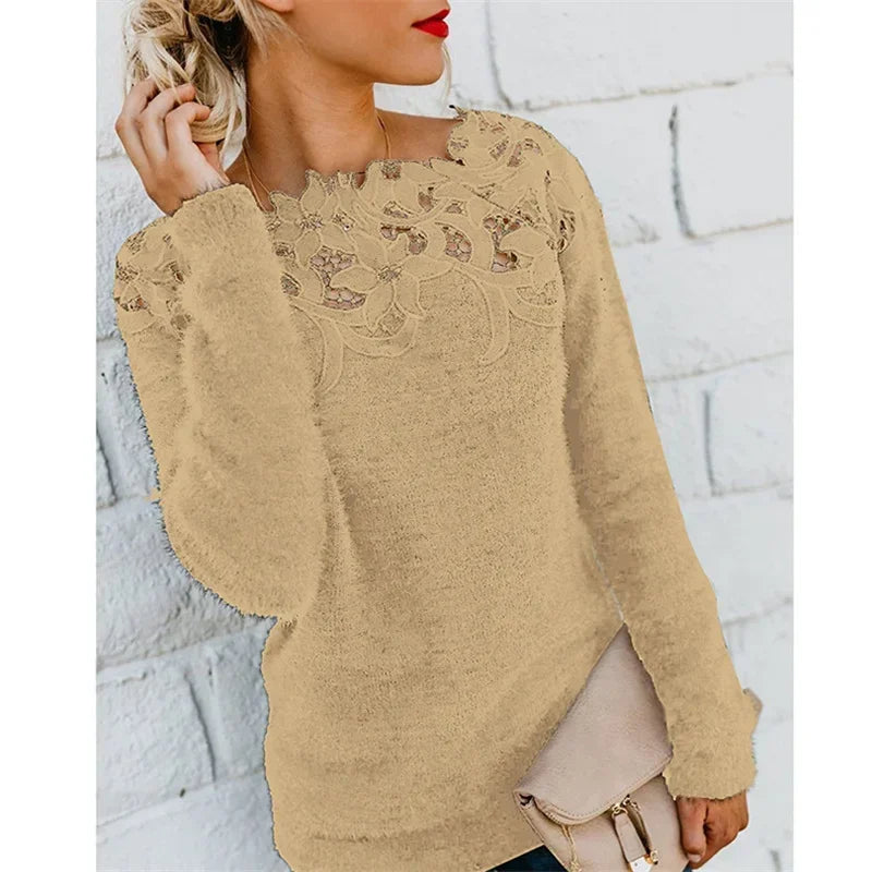 Autumn Winter Sweet Korean Fashion Casual Solid Pullover O-Neck Pullover Plush Warm Sweat Ladies Sweater Lace Women Knit Sweater