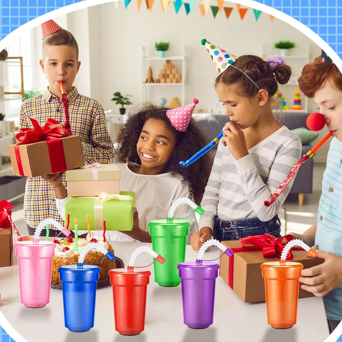 Colorful Expandable Plastic Straw Cup with Leak Proof Lid Siphon Mug for Summer Outdoor Travel Home Juice Milk Water DrinkingUse