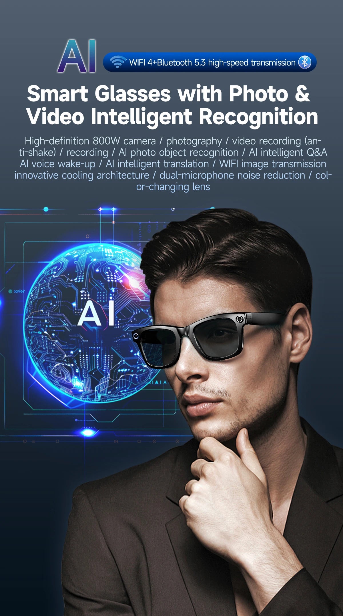 LIGE New Photochromic Lenses Smart Glasses 800W Camera HD Video Recording Bluetooth Call Glasses AI Smart Translation Sunglasses