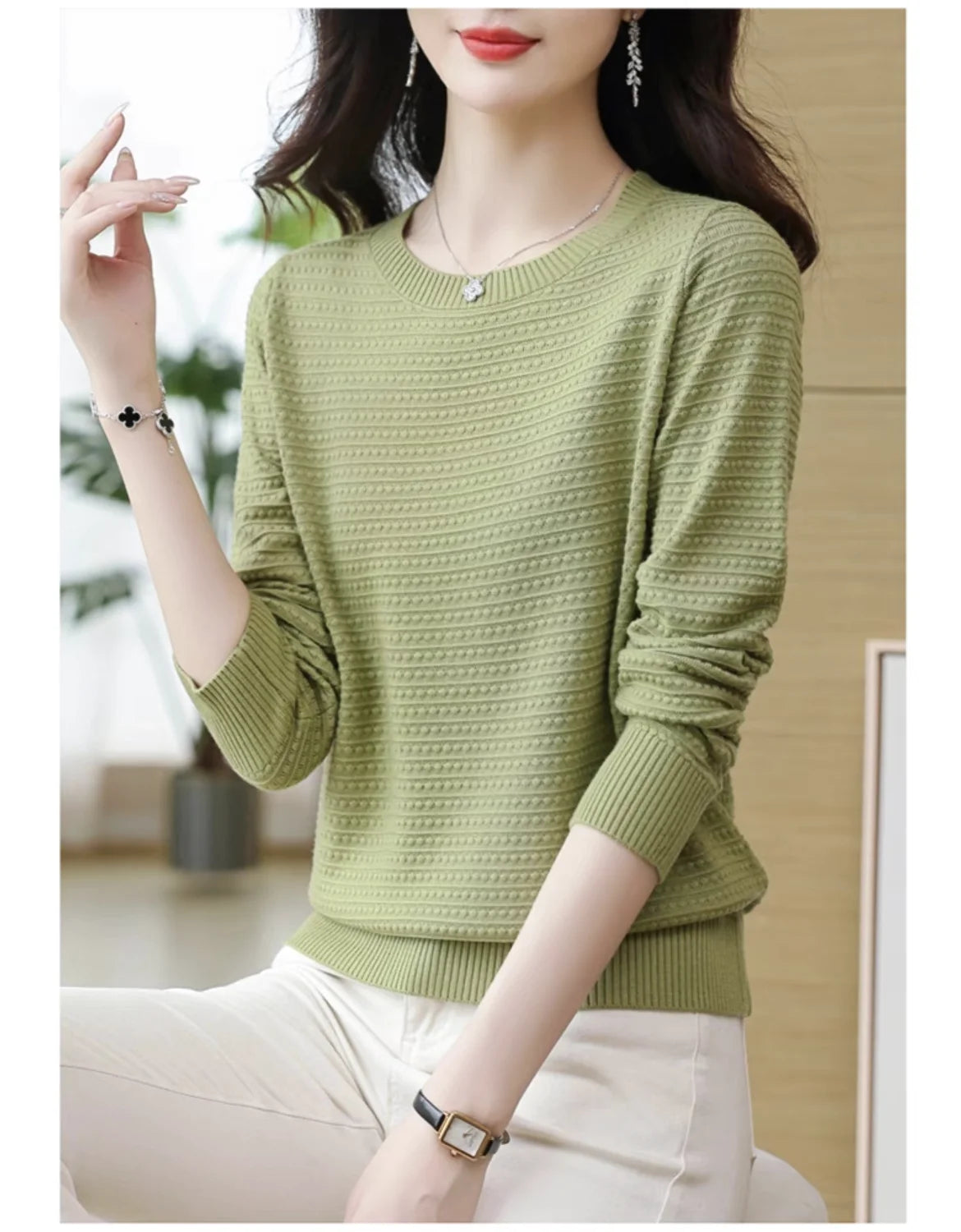 AutumnWinter New Solid Color Women's Base Layer Fashion Hollow Knit Long Sleeve Sweater