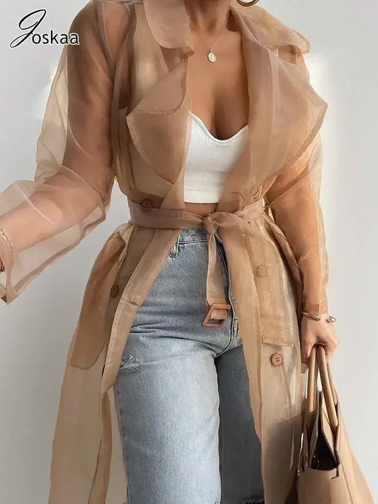 Joskaa Solid Organza See Through Lapel Full Sleeve Trench 2023 Summer Women Fashion Buttoned Coat with Belt Elegant Shirts