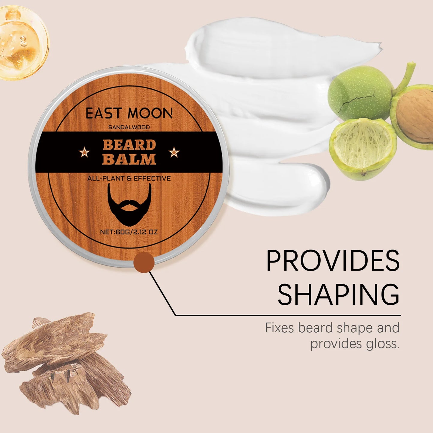 Beard Balm for Men with Sandalwood&Beeswax - Nourishing&Softening Beard Care Balm, Vitamin E Enriched, Anti-Itch Formula for dry