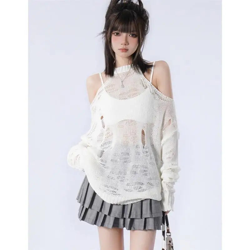 Exposed Shoulder Knitted Top Loose Women Y2k Aesthetic Hollow Out Thin Pullover Jacket Spring Summer Fashion Casual Sexy Sweater
