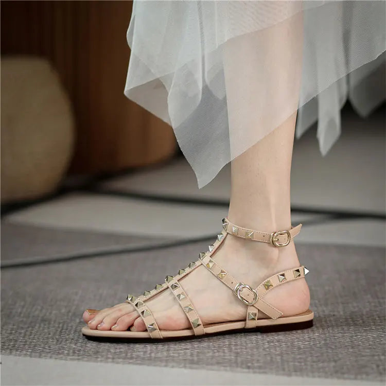 summer women's sandals ladies casual flat shoes simple style Fashion rivet design walking and shopping Large size 41-43