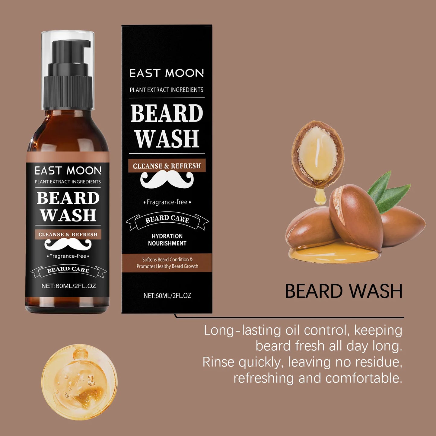 East Moon Argan Oils Beard Care Cleanser Deep cleansing Oil Control Reduce Friction Non irritating Keep Soften Beard Conditioner