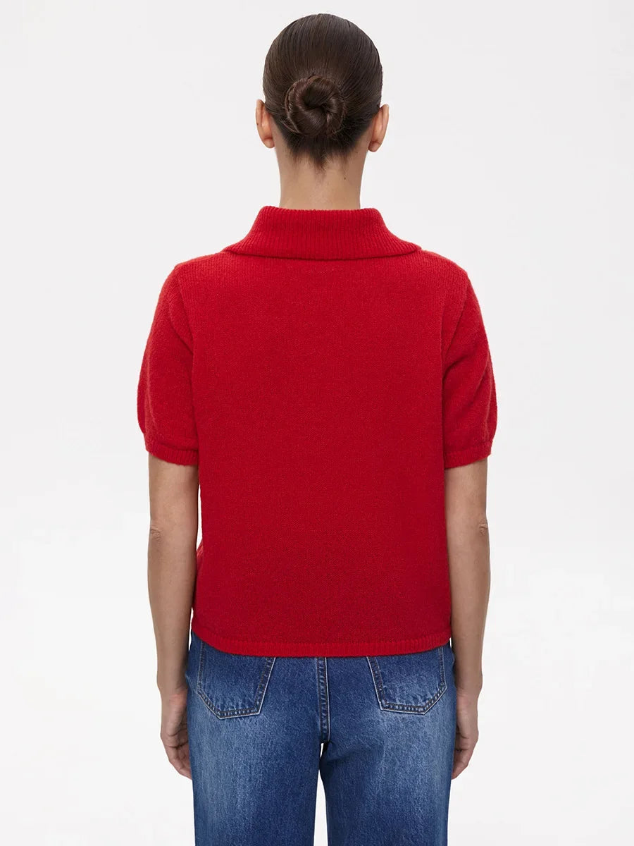 Wolfeel Summer New Polo Collar Hollow Knitted Short Sleeved Sweater Women's Bubble Sleeve T-shirt Female Simple Knitted Sweater