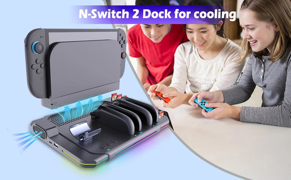 Multi-functional Cooling & Charging Stand SW2139 for Switch 2 with Cooling Fan,10 Game Card Slots & Offering 9 Adj Light Effects
