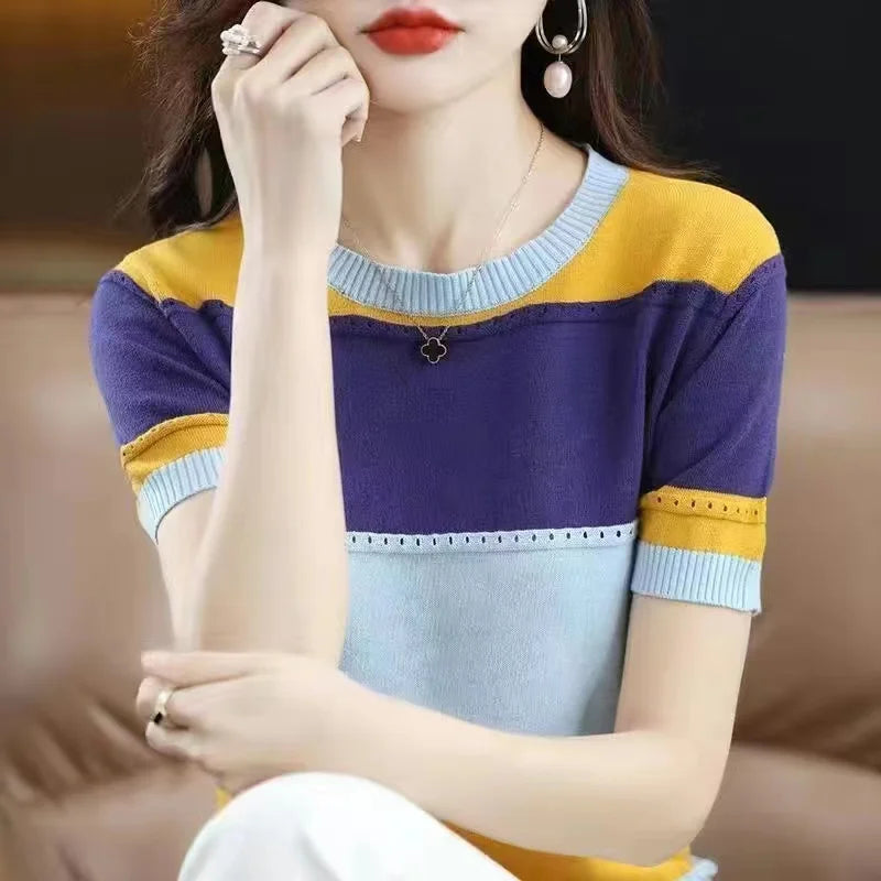 2024 Summer New Ice Silk T-shirt Short-sleeved Stripes knitted Pullover Womens Color Matching Hollow Thin Knitted Sweater Ladies
