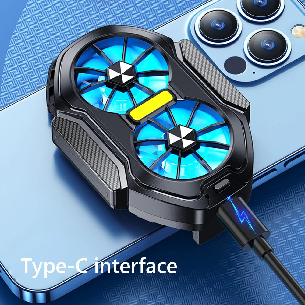 Dual Fan Mobile Phone Cooler Plug-in/Rechargeable Cell Phone Cooling Fan Type-C with Blue Light for Android IOS PUBG Game Cooler